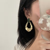 French Retro Golden Tone Wrinkled Geometric Design Earrings