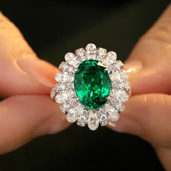 Gorgeous Emerald Green Halo Oval Cut Sterling Silver Engagement Ring