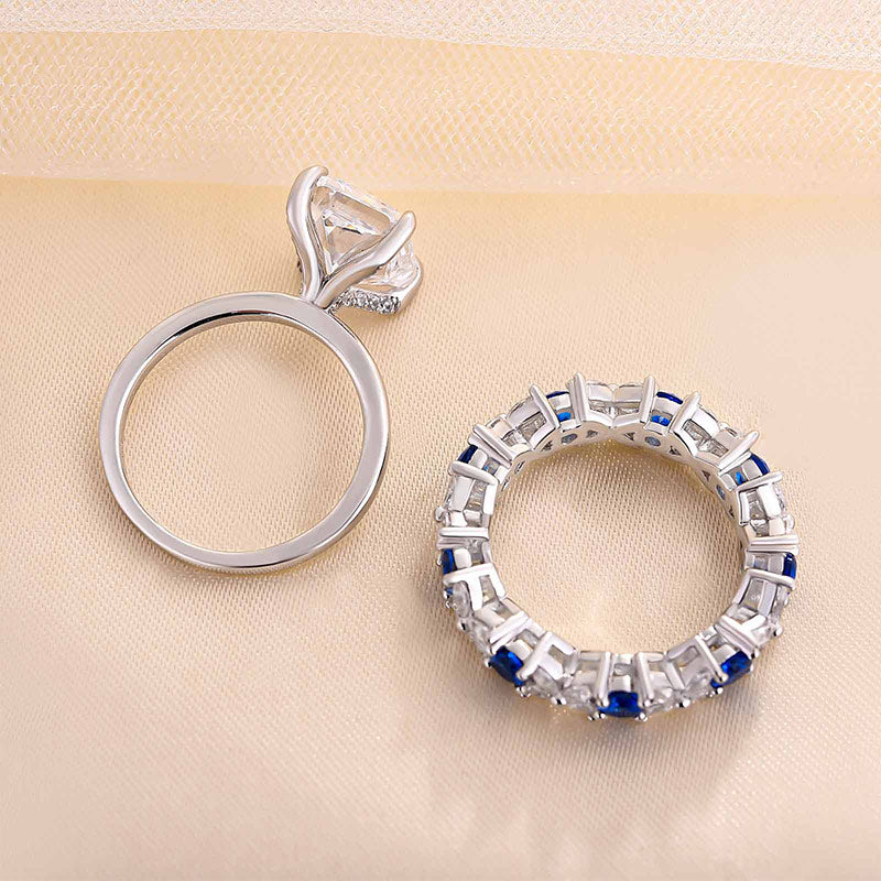 Dainty Radiant Cut Sterling Silver Bridal Set with Two Tone Band