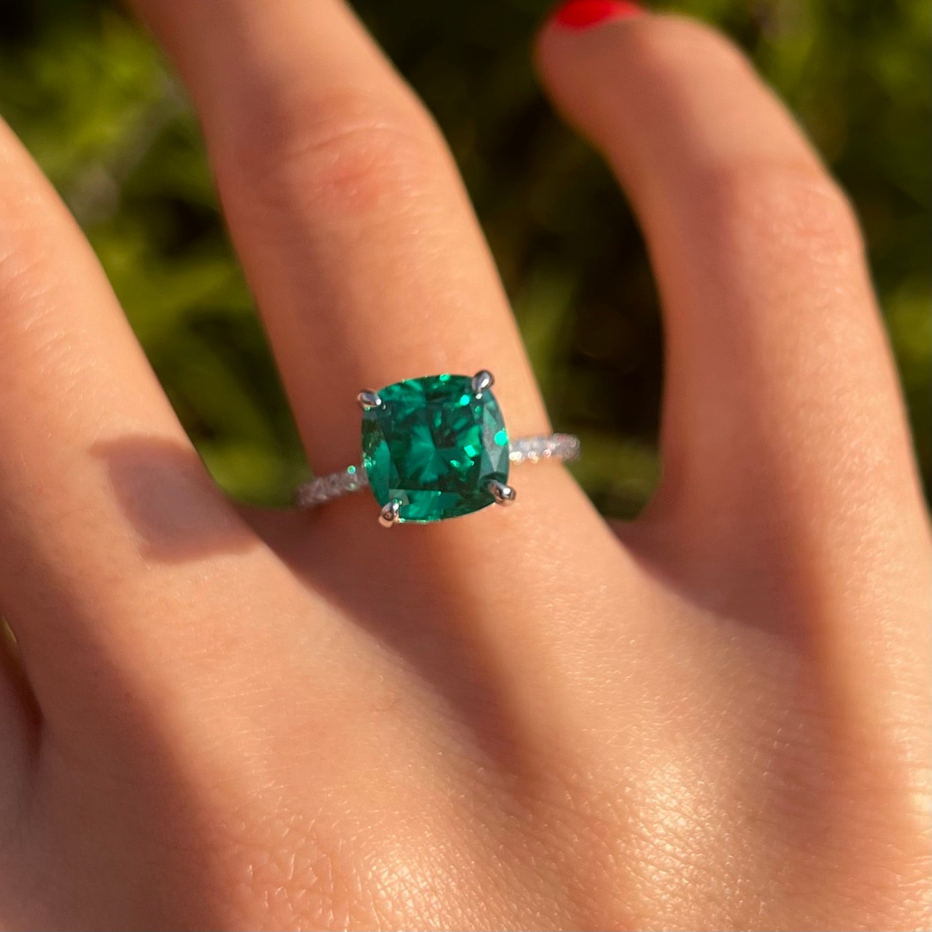 Retro Green Cushion Cut Hidden Halo Sterling Silver Engagement Ring