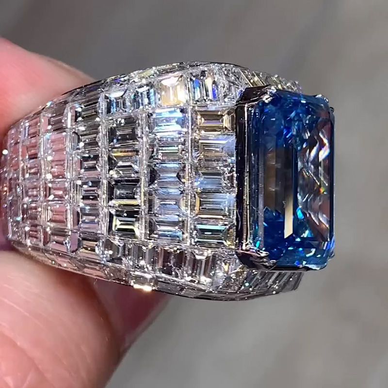 Blue Sapphire  Emerald Cut Luxury Men's Ring in Sterling Silver