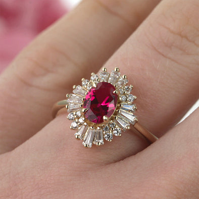 Vintage Golden Tone Cluster Ruby / Emerald Oval Cut Sterling Silver Engagement Ring