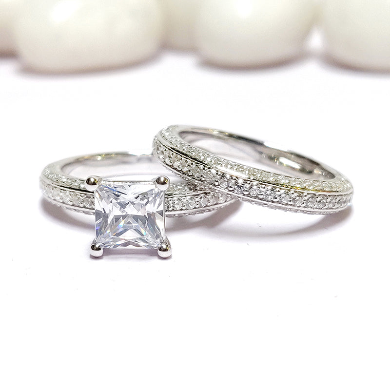2pcs Triple Row Princess Cut Sterling Silver Bridal Set For Women