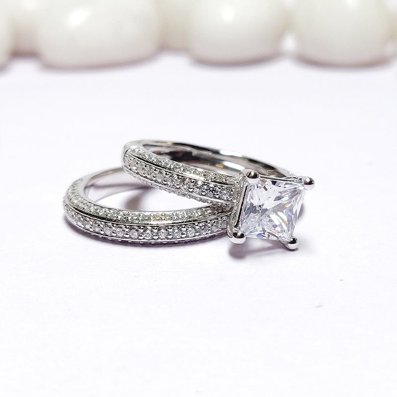 2pcs Triple Row Princess Cut Sterling Silver Bridal Set For Women