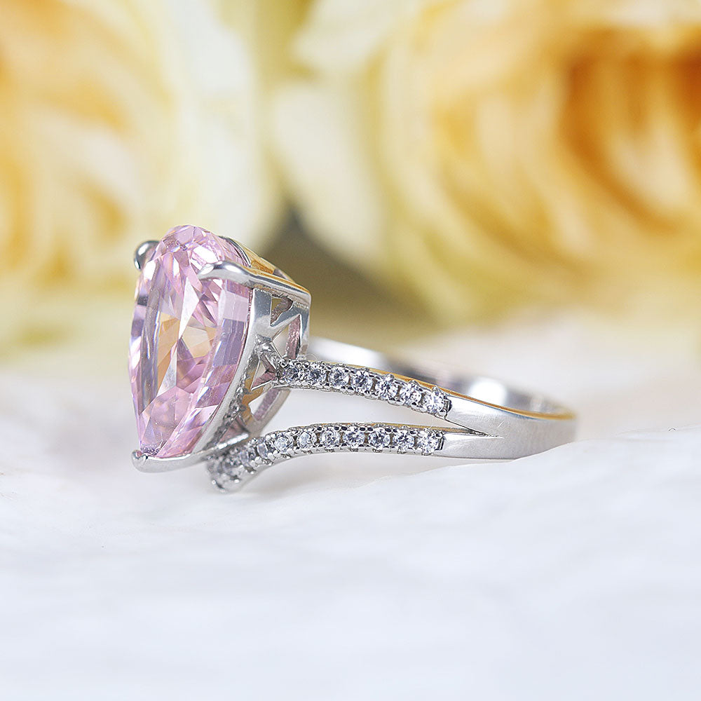 Gorgeous Pink Pear Cut Sterling Silver Engagement Ring