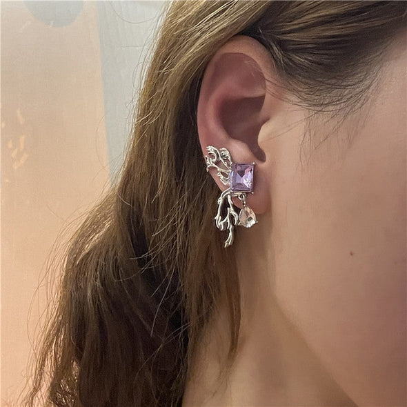 Retro Purple Rhinestones Butterfly Ear Clip & Stud Earrings(A Pair)