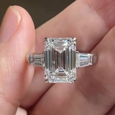Classic Three Stone Emerald Cut Sterling Silver Engagement Ring