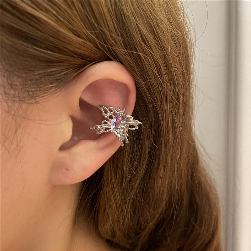 Retro Purple Rhinestones Butterfly Ear Clip & Stud Earrings(A Pair)