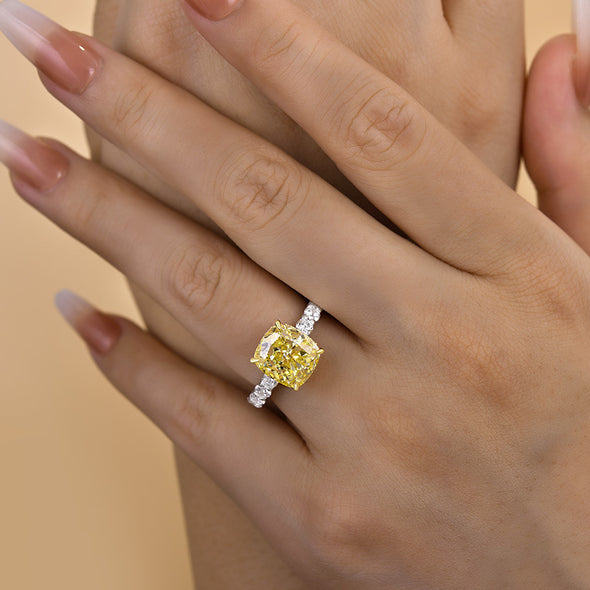 Two-tone Cushion Cut Yellow Gemstone Engagement Ring In Sterling Silver