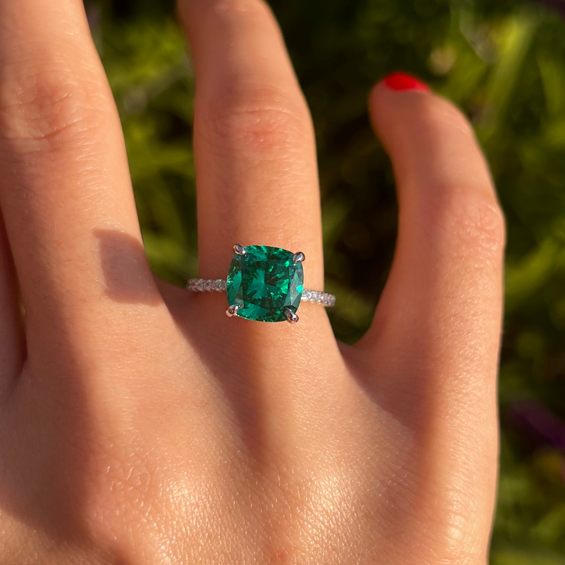 Retro Green Cushion Cut Hidden Halo Sterling Silver Engagement Ring