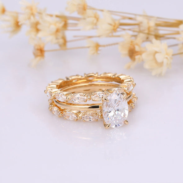 Luxurious Golden Tone Oval Cut Ring With Marquise Cut Band Bridal Set In Sterling Silver