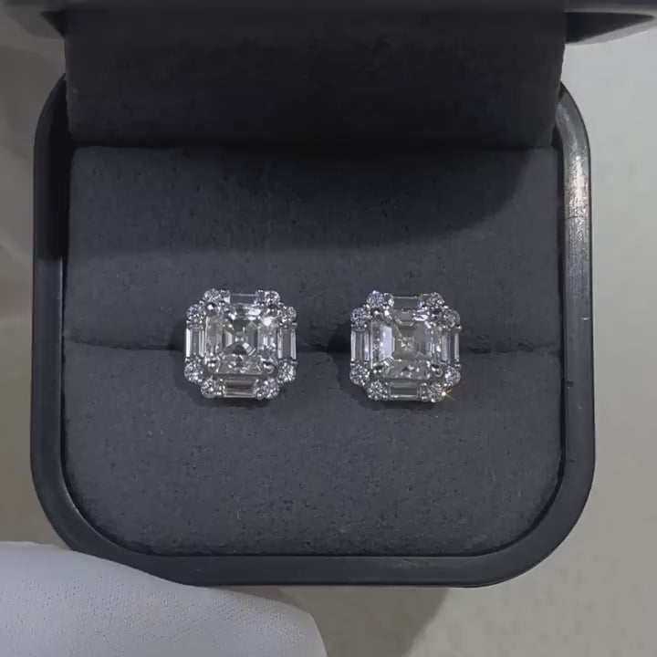 Asscher Cut Moissanite Silver Stud Earrings