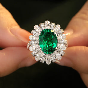 Gorgeous Emerald Green Halo Oval Cut Sterling Silver Engagement Ring