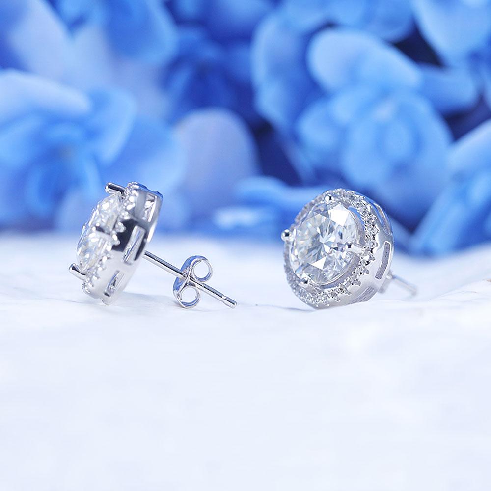 D Color Moissanite Round Cut Halo Design Sterling Silver Stud Earrings