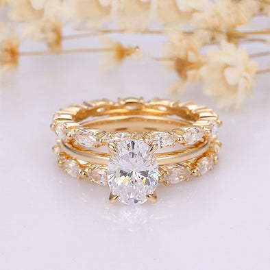 Luxurious Golden Tone Oval Cut Ring With Marquise Cut Band Bridal Set In Sterling Silver