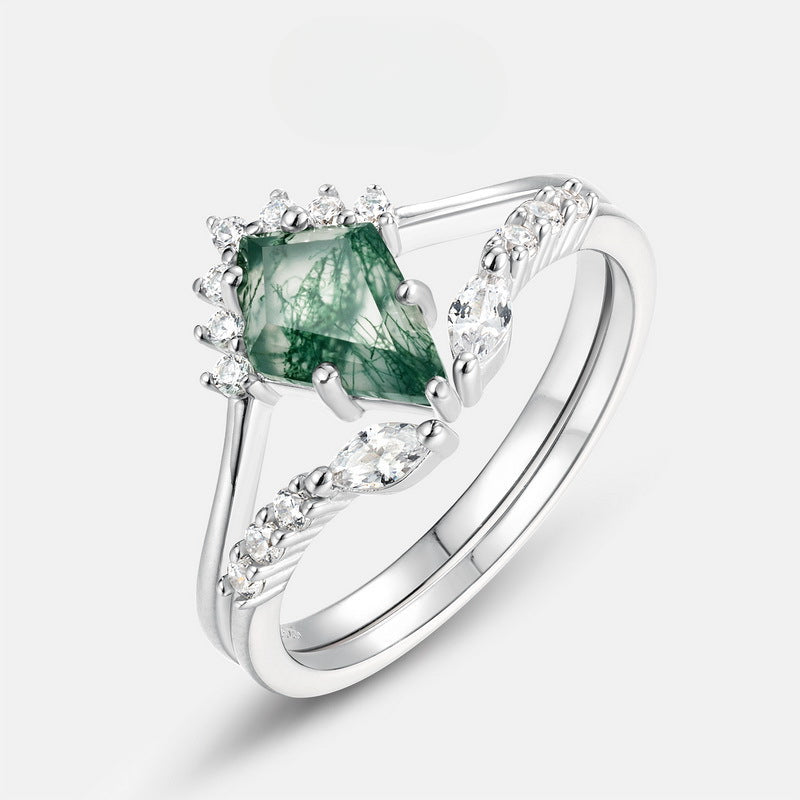 Retro Natural Green Moss Agate Ring Set For Women