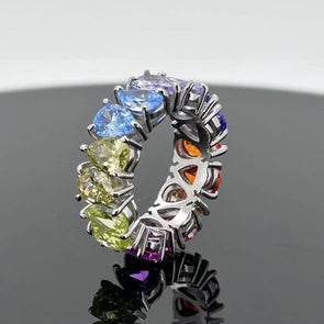 7.5ct Pear Cut Multi Color Rainbow Color Eternity Ring in Sterling Silver