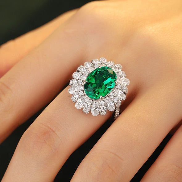 Gorgeous Emerald Green Halo Oval Cut Sterling Silver Engagement Ring