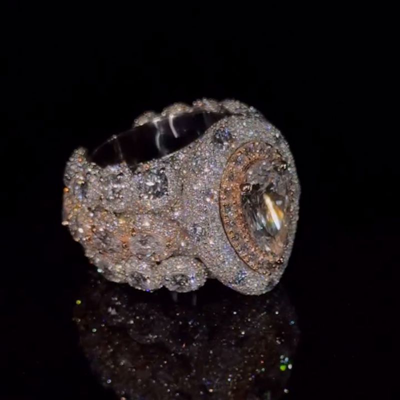 Handmade 5ct Pear Cut With 12ct Side Stones Halo Pave Set Men's Rings