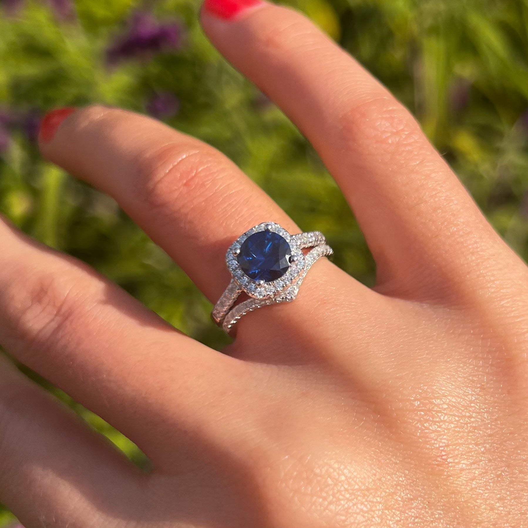 Royal Blue Cushion Cut Halo Bridal Set With V-Shape Band