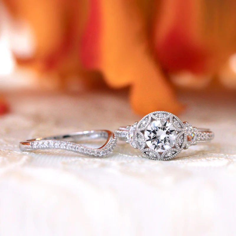 Vintage Curved Art Deco Round Cut Bridal Set In Sterling Silver