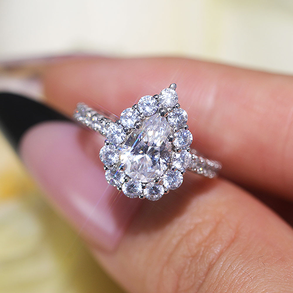 Stunning Pear Cut Halo Design Sterling Silver Engagement Ring