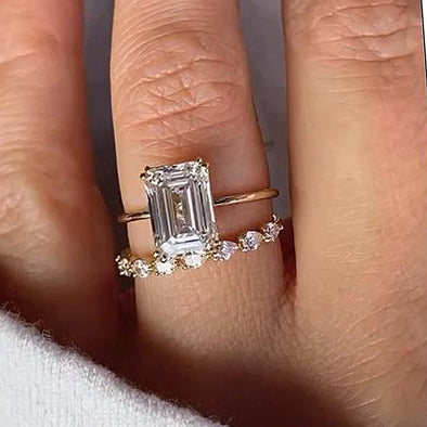 Luxurious Golden Tone Emerald Cut Sterling Silver Wedding Bridal Set