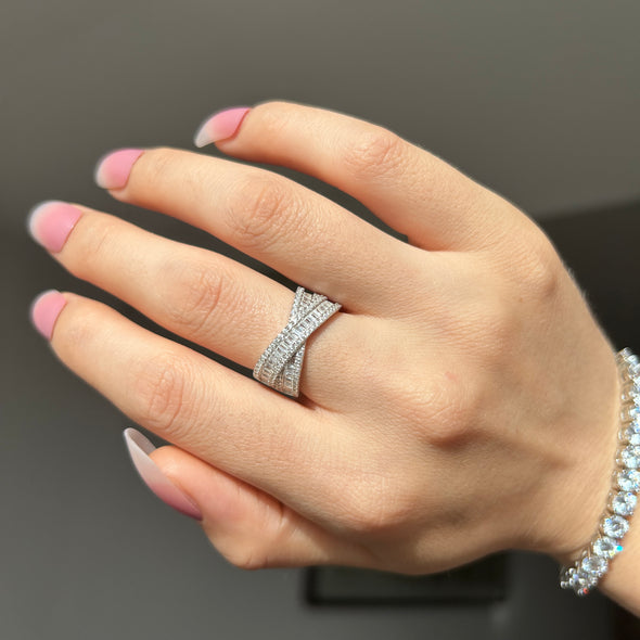 X Criss Cross Ring Wedding Half Eternity Band In Sterling Silver