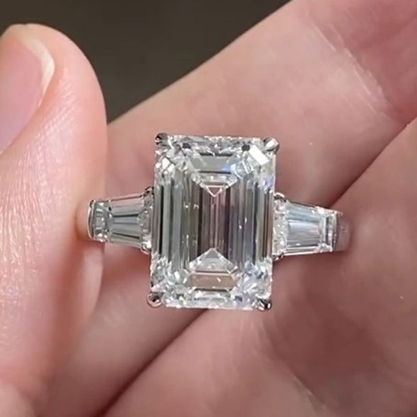 Classic Three Stone Emerald Cut Sterling Silver Engagement Ring