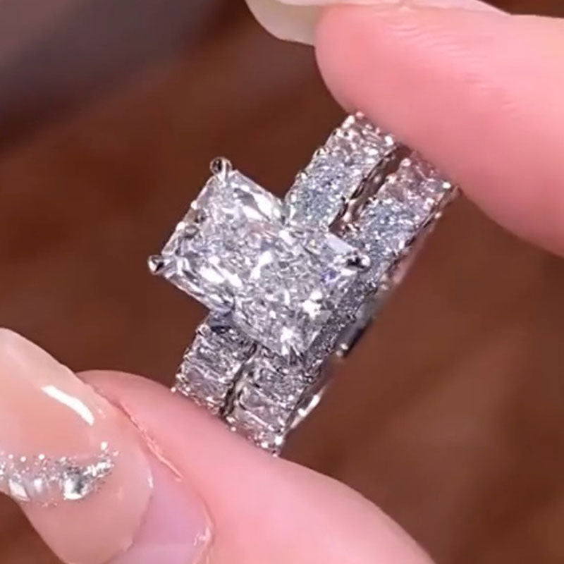 2Pcs Radiant Cut Sterling Silver Bridal Set with Eternity Band