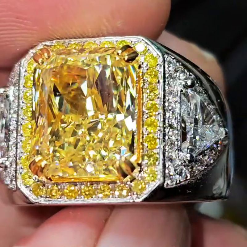 Fancy 7ct Radiant Cut Yellow Sapphire Halo Handmade Men's Ring