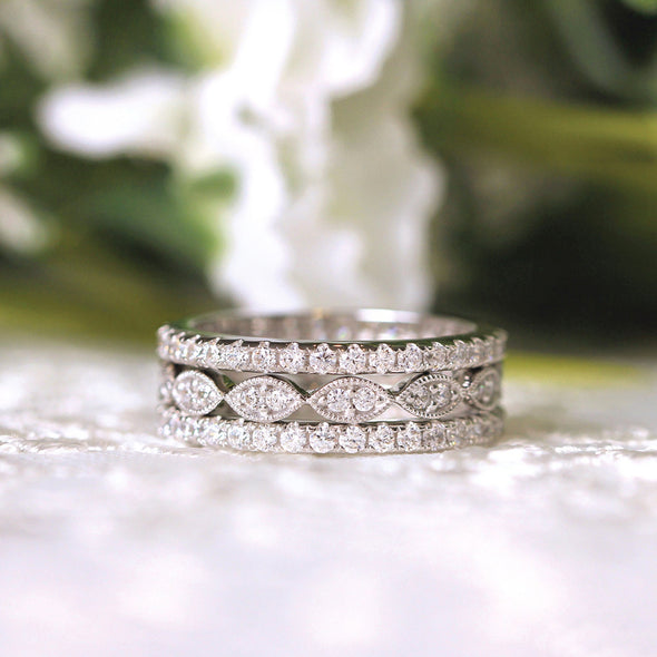 3PCS Mixed Stackable Eternity Wedding Band Ring Set