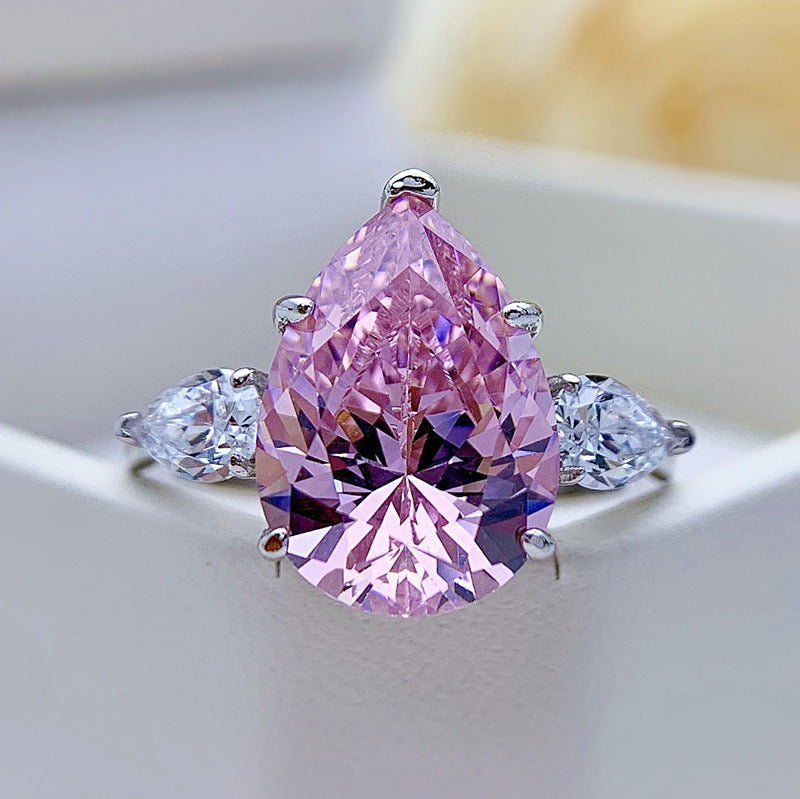 Classic Three Stone Yellow Pear Cut Sterling Silver Engagement Ring