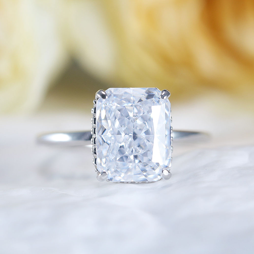 Stunning Hidden Halo Design Radiant Cut Sterling Silver Engagement Ring