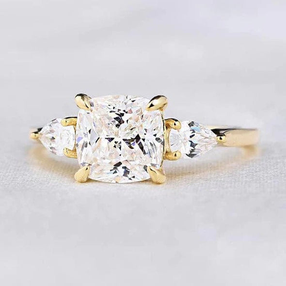 Three Stone Golden Tone Cushion Cut Sterling Silver Engagement Ring