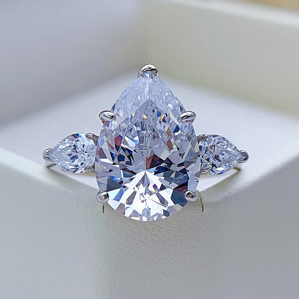 Classic Three Stone Yellow Pear Cut Sterling Silver Engagement Ring