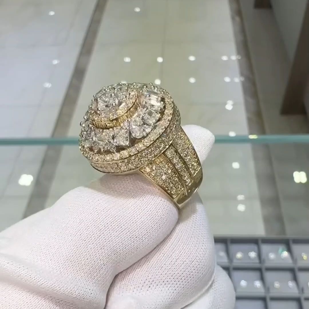 36ctw Oval Cut and Cushion Cut Sterling Silver Plated Yellow Gold Handmade Men's Ring