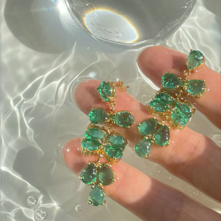 Golden Tone Emerald Green Simulate Crystal Leaves Drop Earrings