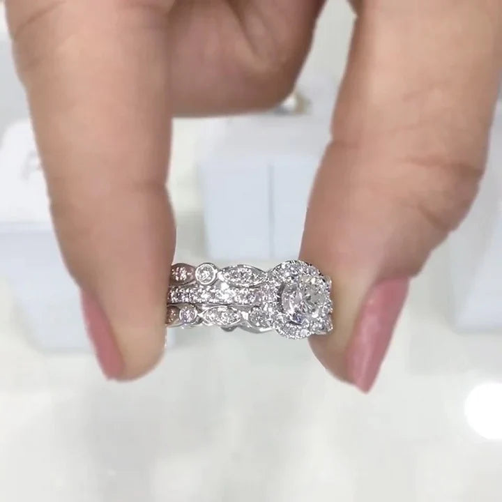 Exquisite 3-Piece Halo Round Cut Sterling Silver Bridal Sets- ONLY Size 7.0 Avaliable