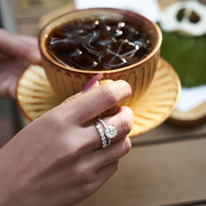 Classic 4 Prong Round Cut Sterling Silver Engagement Ring with Band