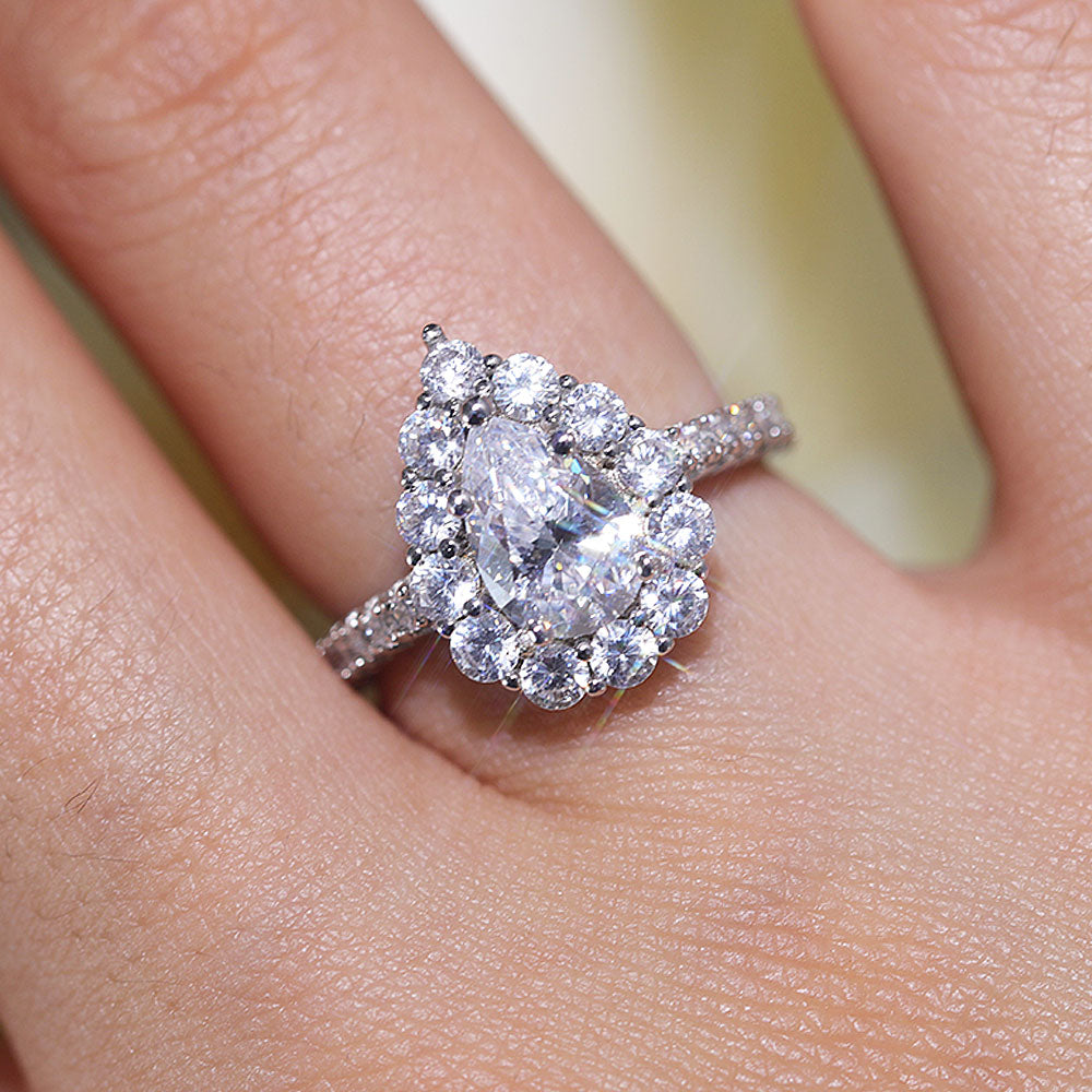 Stunning Pear Cut Halo Design Sterling Silver Engagement Ring