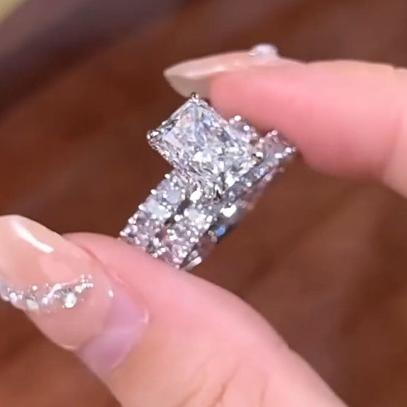 2Pcs Radiant Cut Sterling Silver Bridal Set with Eternity Band