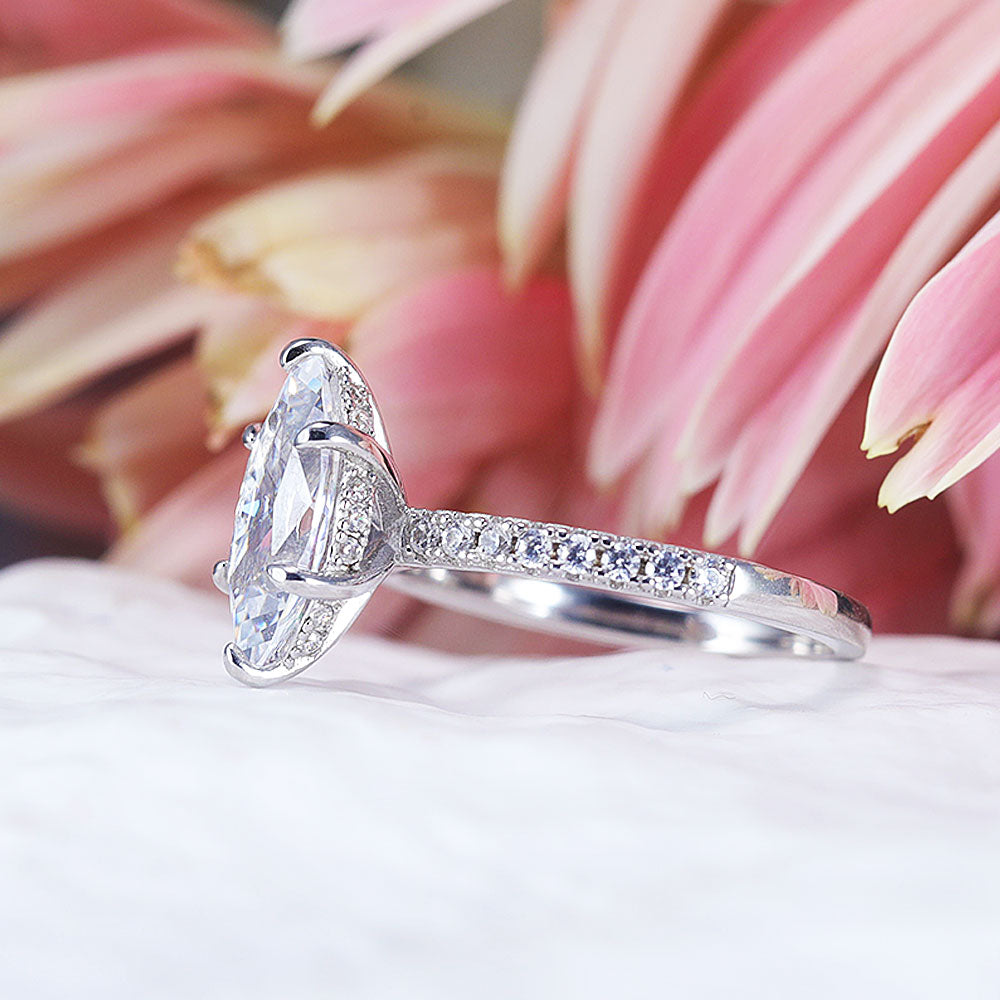 Vintage 2pcs Marquise Cut Sterling Silver Ring Set with Lace Band