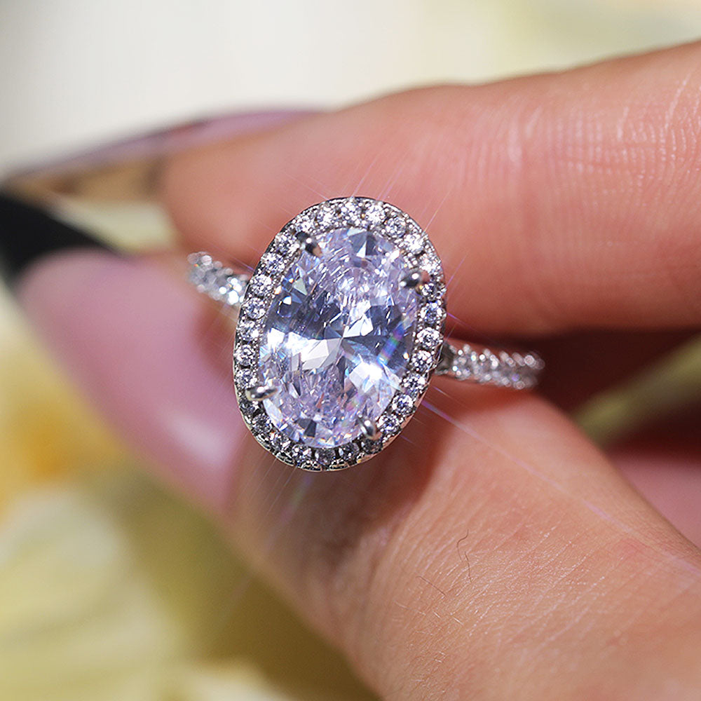 Stunning Oval Cut Halo Design Sterling Silver Engagement Ring