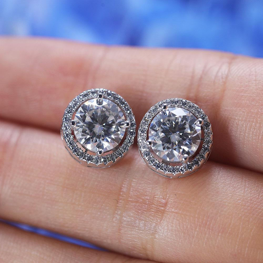 D Color Moissanite Round Cut Halo Design Sterling Silver Stud Earrings