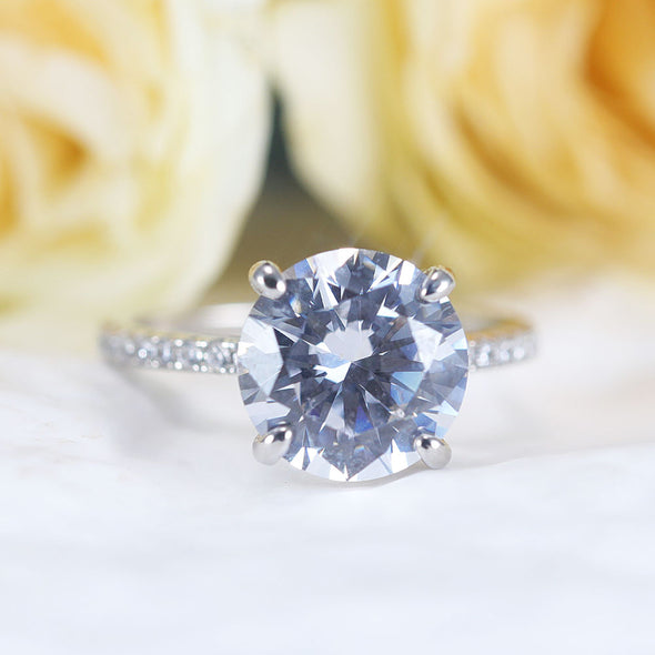 Classic Round Cut Sterling Silver Ring With Half Eternity Band