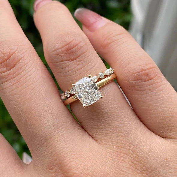 Golden Tone Cushion Cut Solitare Bridal Set Ring in Sterling Silver