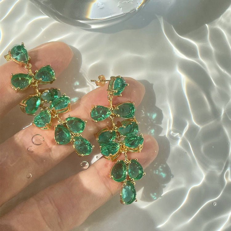 Golden Tone Emerald Green Simulate Crystal Leaves Drop Earrings