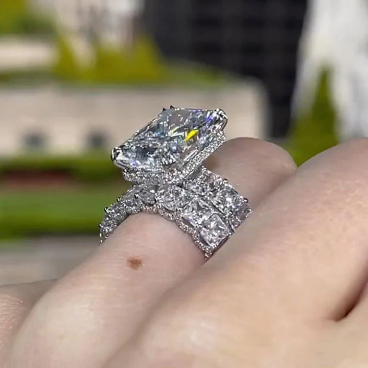 2Pcs Hidden Halo  Radiant Cut Sterling Silver Bridal Set Rings