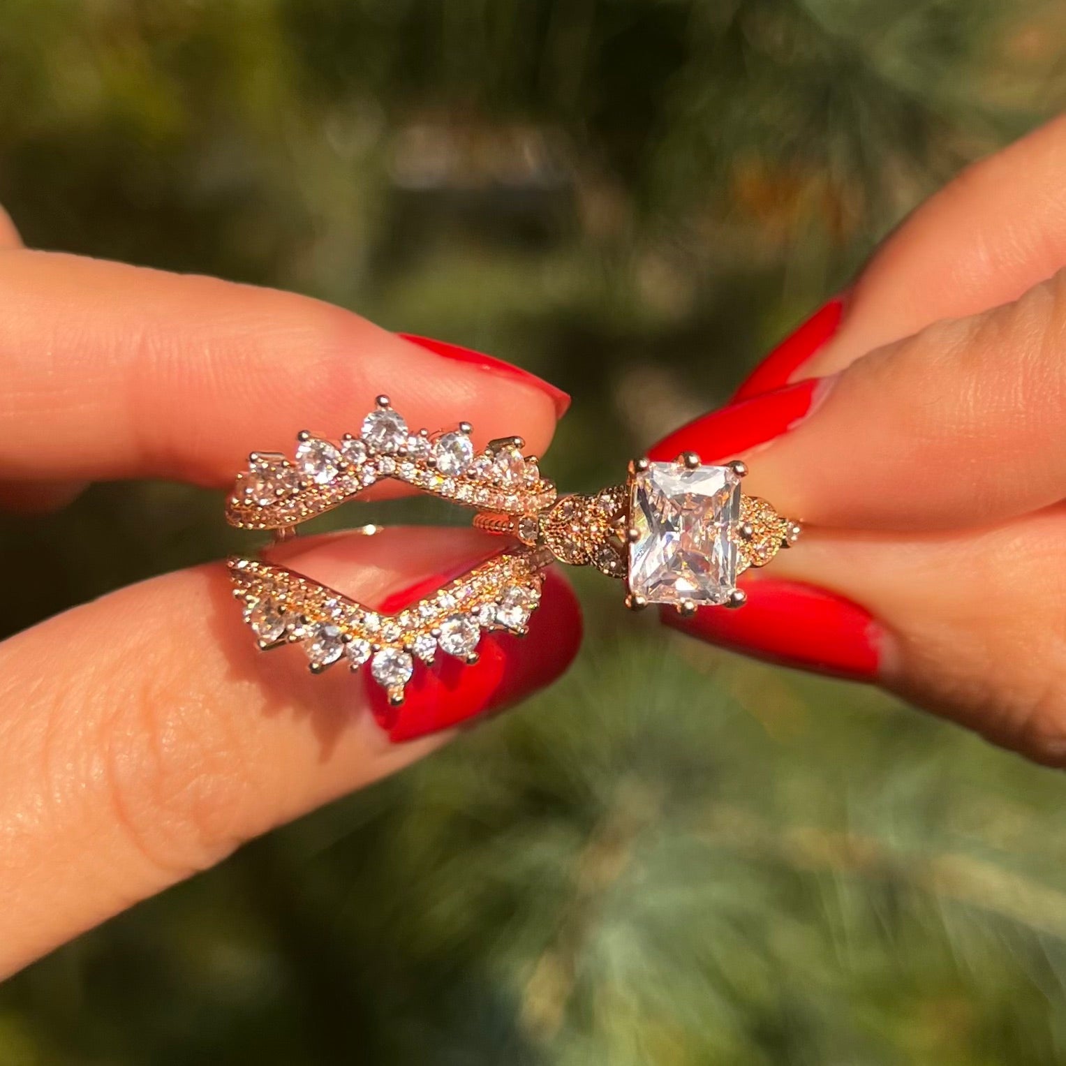 2 Pcs Radiant Cut Enhancer Rose Golden Tone Wedding Bridal Set